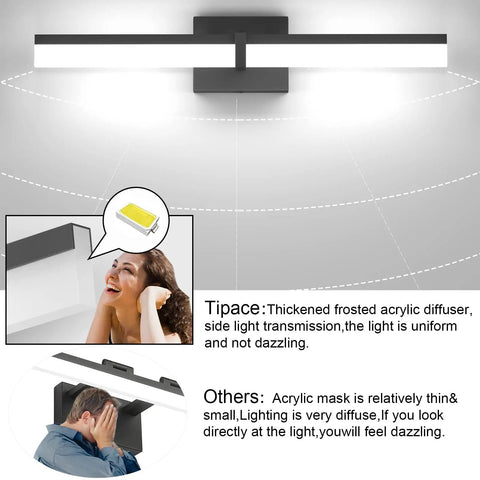 Black 24 Inch LED Vanity Light Fixture with white 6000K daylight glow and frosted acrylic diffuser instruction diagram
