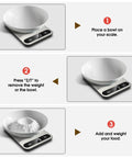 Digital Kitchen Scale With 22 Pound Capacity, 1 Gram Precision, Six Unit Conversions, Tare Function, in use with bowl and flour