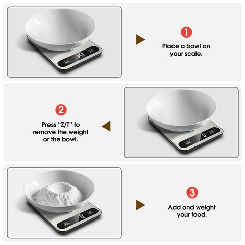 Digital Kitchen Scale With 22 Pound Capacity, 1 Gram Precision, Six Unit Conversions, Tare Function, in use with bowl and flour