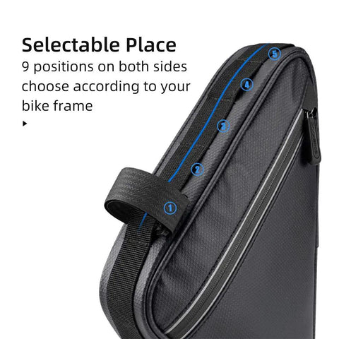On Frame Bike Triangle Bag With Dual Sided Pockets 1.5L Capacity shown with adjustable straps and sleek black design for bikes