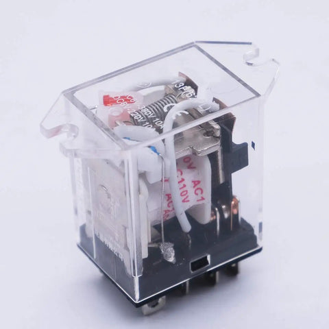 2 Pack AC 110V DPDT Power Relay with LED Indicator JQX-13F-DZ-AC110V 8-Pin 10A, transparent housing, close-up view