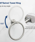 Brushed Nickel Round Towel Ring Wall Mounted Rustproof 304 Stainless Steel Hand Towel Holder swiveling 180 degrees on wall.