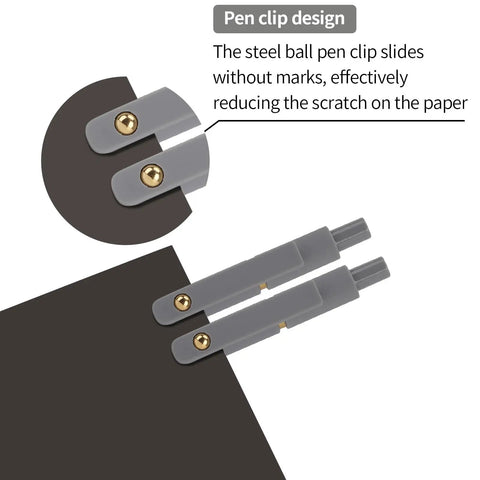 Pen clip design of pack of six smooth writing retractable gel pens featuring snappy click mechanism and fast drying black ink.