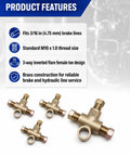 Built Tough 3 Way Brake Line Tee Connector With M10 X 1.0 Stud Nuts For 3/16 Inch Tubing Universal Garage Essential Swap For Inverted Flare Systems 4 Pack, brass construction, 3-way design.