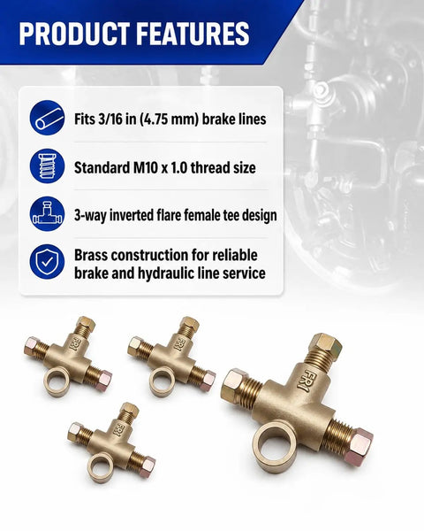 Built Tough 3 Way Brake Line Tee Connector With M10 X 1.0 Stud Nuts For 3/16 Inch Tubing Universal Garage Essential Swap For Inverted Flare Systems 4 Pack, brass construction, 3-way design.