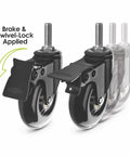 Three Eighths Inch 16 UNC Threaded Stem Rubber Caster Wheels With Brakes And Locks, Heavy Duty Inline Skate Style Casters, Four Pack