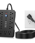 Heavy Duty Flat Plug Surge Protector Power Strip Featuring 11 Wide Spread AC Outlets And 6 Fast Charge USB Ports in use with plugged cord.