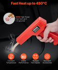 100W Plastic Welder Gun With 800 Hot Staples And Led Light Rapid Heating Bumper Repair Kit For Cars Kayaks And Toys, showing fast heating up to 450°C.