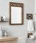 Rustic Farmhouse Toilet Paper Holder And Towel Holder Set Wall Mounted With Weathered Wood Finish on white brick wall.