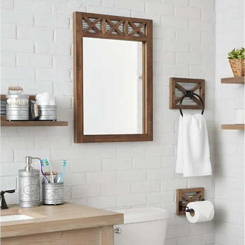 Rustic Farmhouse Toilet Paper Holder And Towel Holder Set Wall Mounted With Weathered Wood Finish on white brick wall.