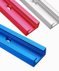 Knockout Aluminum T Track Kit For Woodworking Dead On Precise T Slot Slide Rails Built Tough With Table Saw Fence Guide And Router Jig Fixture Setup in red, blue, and silver.