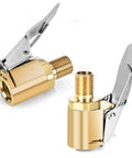 Locking Tire Air Chuck Set With Brass Inflation Hose Adapter and Valve, brass body, silver clip, leak-free design