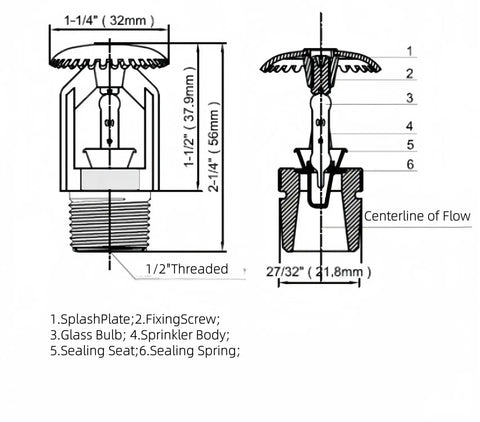 Top Tier Quick Response Upright Fire Sprinkler Head With Half Inch Npt Connection And 155 Degree F Glass Bulb Trigger For Badass Property Protection in Sleek Chrome Plating diagram showing dimensions and parts.