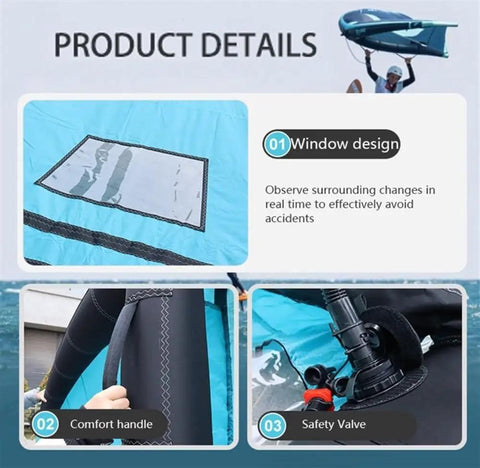 Handheld Inflatable Wing For Wing Foiling And Kitesurfing, Durable Polyester Surf Kite with window, handle, valve details