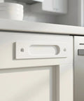 Heavy Duty Aluminum Flush Pulls 2 Pack Recessed Sliding Door Handles With Mounting Screws Barn Closet And Cabinet Drawer Knobs Super Quick Install Pocket Door Hardware Fresh White Finish 5.9 Inch close-up view on kitchen cabinet