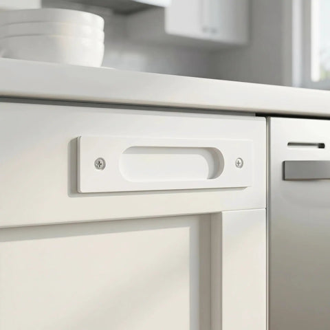 Heavy Duty Aluminum Flush Pulls 2 Pack Recessed Sliding Door Handles With Mounting Screws Barn Closet And Cabinet Drawer Knobs Super Quick Install Pocket Door Hardware Fresh White Finish 5.9 Inch close-up view on kitchen cabinet