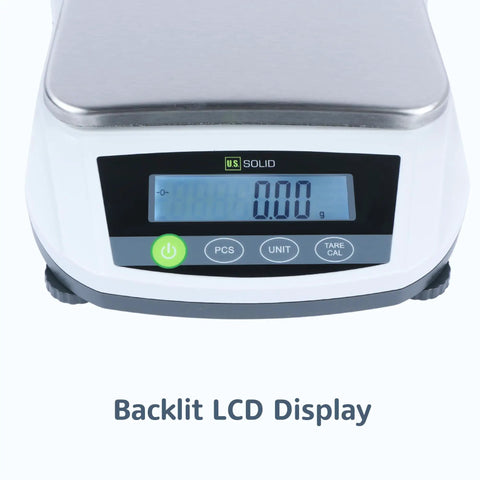 Digital Lab Scale 5000g x 0.01g Pro Grade Precision Analytical Balance With LCD Display close-up of backlit screen and buttons.