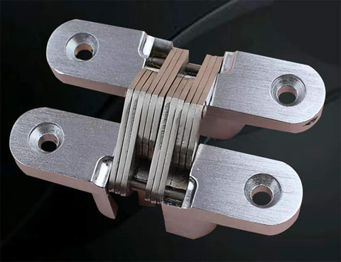 Close-up of Hidden Gate Hinge Set Two and Three Quarter Inch Stainless Steel Concealed Barrel Invisible Door Hardware viewed from the top