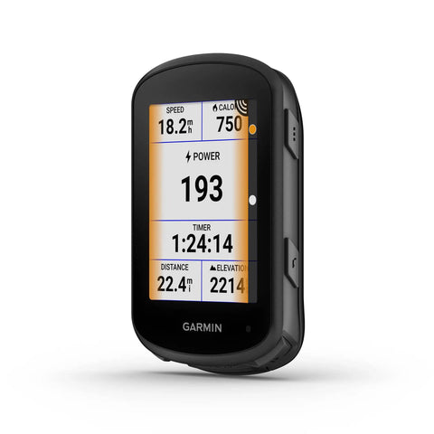 Edge 540 Compact GPS Cycling Computer With Button Controls displaying speed, power, time, distance, and elevation data on screen.