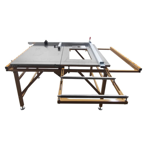Heavy Duty 220 Volt Table Saw With Rugged Stand For Woodworking Crews featuring sliding table extension and folding cart.
