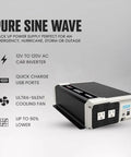Heavy Duty 2000 Watt Pure Sine Wave Power Inverter Runs 12 Volt DC Straight To 120 Volt AC With Dual USB Ports And Crisp LCD Dial angled view showcasing USB ports and cooling fan.