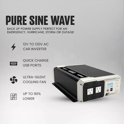 Heavy Duty 2000 Watt Pure Sine Wave Power Inverter Runs 12 Volt DC Straight To 120 Volt AC With Dual USB Ports And Crisp LCD Dial angled view showcasing USB ports and cooling fan.