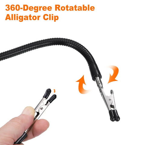Close-up of rotatable alligator clip on flexible gooseneck arm from Two Pack Soldering Helping Hands Third Hand Clamp Stand.