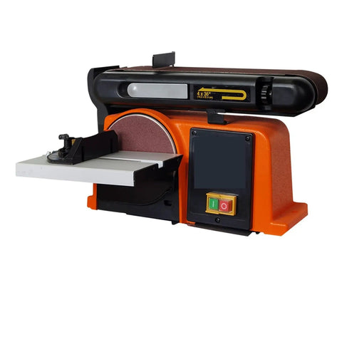 Built Like A Tank Industrial Belt Sander With Heavy Cast Iron Base And No Sweat Pipe Grinder Polisher side view with band and table.