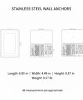 Stainless Steel Screw In Hooks And 160 Piece Mounting Hardware Kit, closed and open case views, dimensions shown