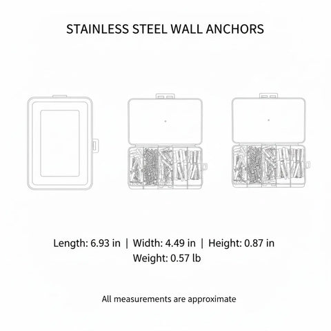 Stainless Steel Screw In Hooks And 160 Piece Mounting Hardware Kit, closed and open case views, dimensions shown