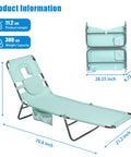 Reclining Beach Lounge Chair With Flat Lay Sunbathing Position, Folding Camping Cot With Backpack Straps, Portable Outdoor Chair For Beach Or Picnic, Lawn, Side Pockets For Drinks And Gear shown in teal with dimensions and weight capacity.