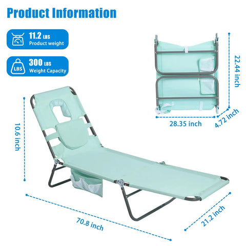 Reclining Beach Lounge Chair With Flat Lay Sunbathing Position, Folding Camping Cot With Backpack Straps, Portable Outdoor Chair For Beach Or Picnic, Lawn, Side Pockets For Drinks And Gear shown in teal with dimensions and weight capacity.