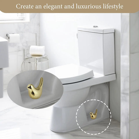 Bathroom scene with toilet fitted with 2 Pack Ceramic Gold Bird Toilet Bolt Caps Universal Fit Replacement Toilet Screw Covers Durable Ceramic.