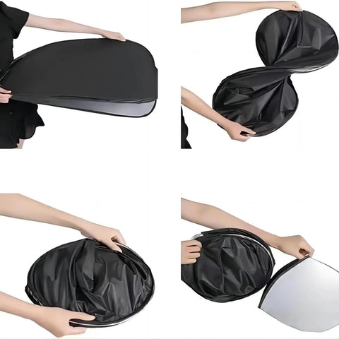 Heavy Duty Windshield Sunshade For Tesla Model 3 Y S X Cybertruck Easy folding process shown in four steps for compact storage.