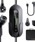 Ready To Charge Any J1772 EV With This Top Shelf Portable Level 2 Charger 40 Amp 25 Ft Cable showing main unit, adapters, and mount.