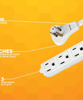 Angled Flat Plug Extension Cord With SlimLine Design And 3 Grounded Outlets, 13 Foot Indoor Power Cord For Home And Office