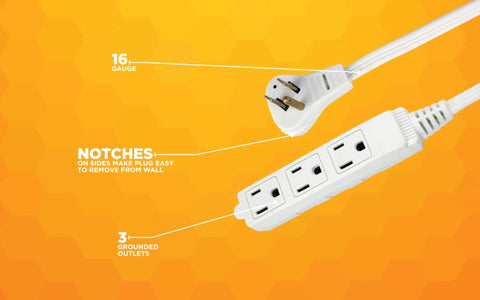Angled Flat Plug Extension Cord With SlimLine Design And 3 Grounded Outlets, 13 Foot Indoor Power Cord For Home And Office