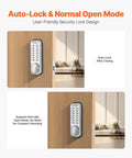 Auto-lock and normal open mode of No Battery Needed Mechanical Keyless Entry Door Lock with 14 Key Set on wooden door.