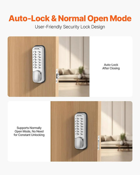 Auto-lock and normal open mode of No Battery Needed Mechanical Keyless Entry Door Lock with 14 Key Set on wooden door.