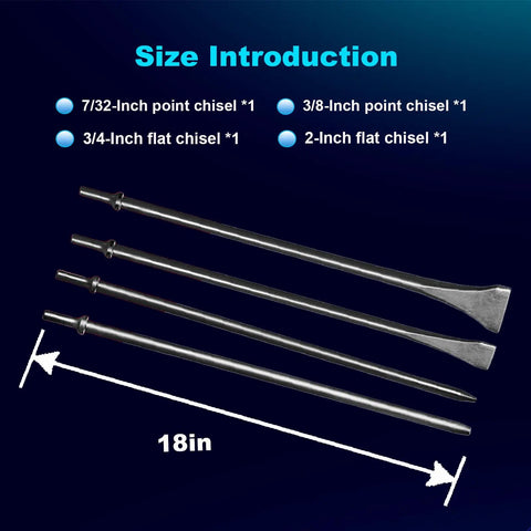 Heavy-Duty Pneumatic Punch And Air Cold Chisel Set With Point, Flat And Scaling Chisels shown on a blue background