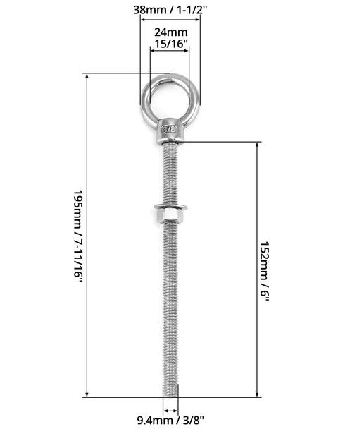 Tough As Nails Heavy Duty 304 Stainless Shoulder Eye Bolts Set, 3/8-16 Thread, 6 Inch Long, 20 Pcs With Nuts And Washers, Fixing Kit For Wood Metal And Outdoor Projects, 195mm bolt