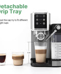 Semi Automatic Espresso Machine With Colorful Touchscreen And Sleek Stainless Steel Body showing drinks on drip tray, 5.5in glass.