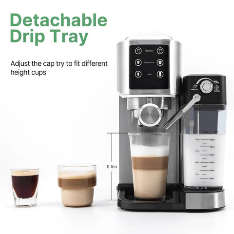 Semi Automatic Espresso Machine With Colorful Touchscreen And Sleek Stainless Steel Body showing drinks on drip tray, 5.5in glass.