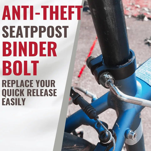 Tamper Resistant Seatpost Lock For Bikes With 7 Lobe Security Key and Alloy Locking Bolt with blue bike frame in background