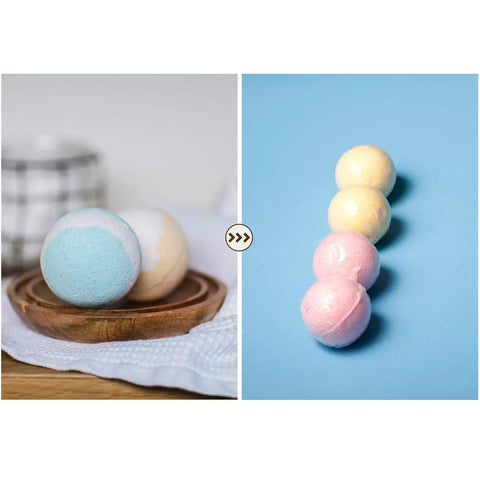 Two Hundred Piece Pack Of Slick Clear Heat Shrink Wrap Bags With Four Sizes for sealing bath bombs on a wooden plate.