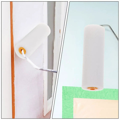 Top Tier 10 Pack Sponge Paint Roller Cover Set For Flawless Wall Painting And Quick Home Refreshes With Nifty Easy Swap Sleeves That Guarantee A Sweet Smooth Finish Every Time You Roll, showing a white foam roller painting a wall.