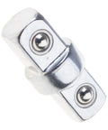 Close-up of chrome-plated 3/8 in double-ended square-drive sleeve adapter with two male drive ends.