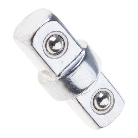 Close-up of chrome-plated 3/8 in double-ended square-drive sleeve adapter with two male drive ends.
