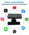 Ultra Crisp 1080P HD Webcam For Pc showing wide compatibility with various streaming apps and a sleek black design.