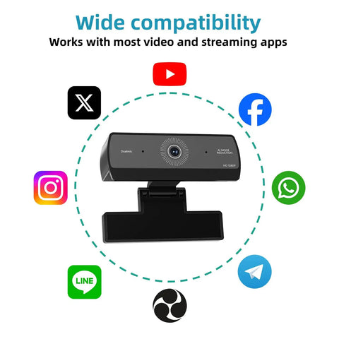 Ultra Crisp 1080P HD Webcam For Pc showing wide compatibility with various streaming apps and a sleek black design.